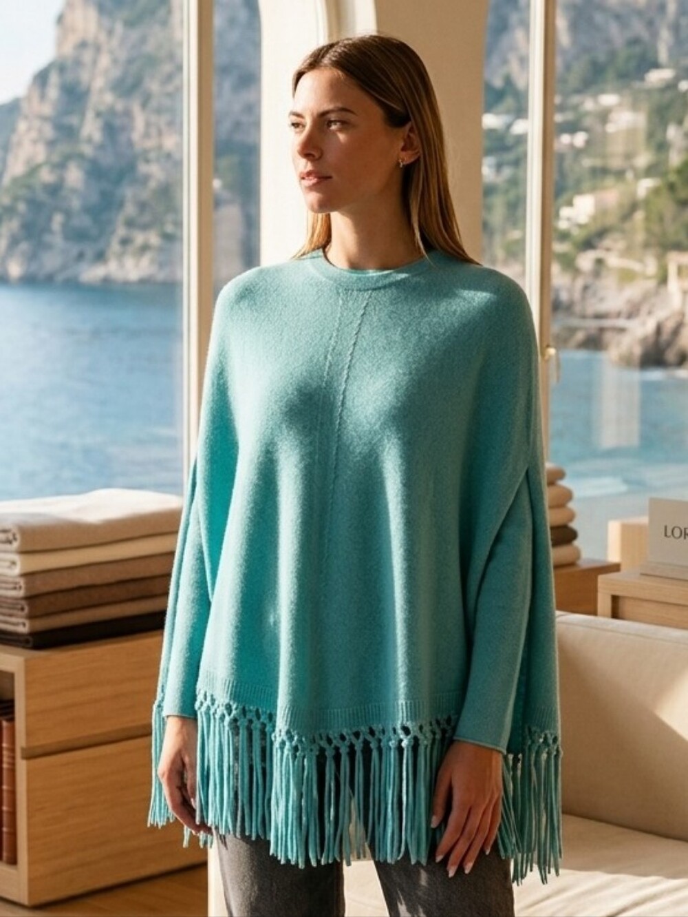NWT Pinotti Old Money Quiet Luxury Boho Wool Cashmere Leather Fringe Knit Poncho